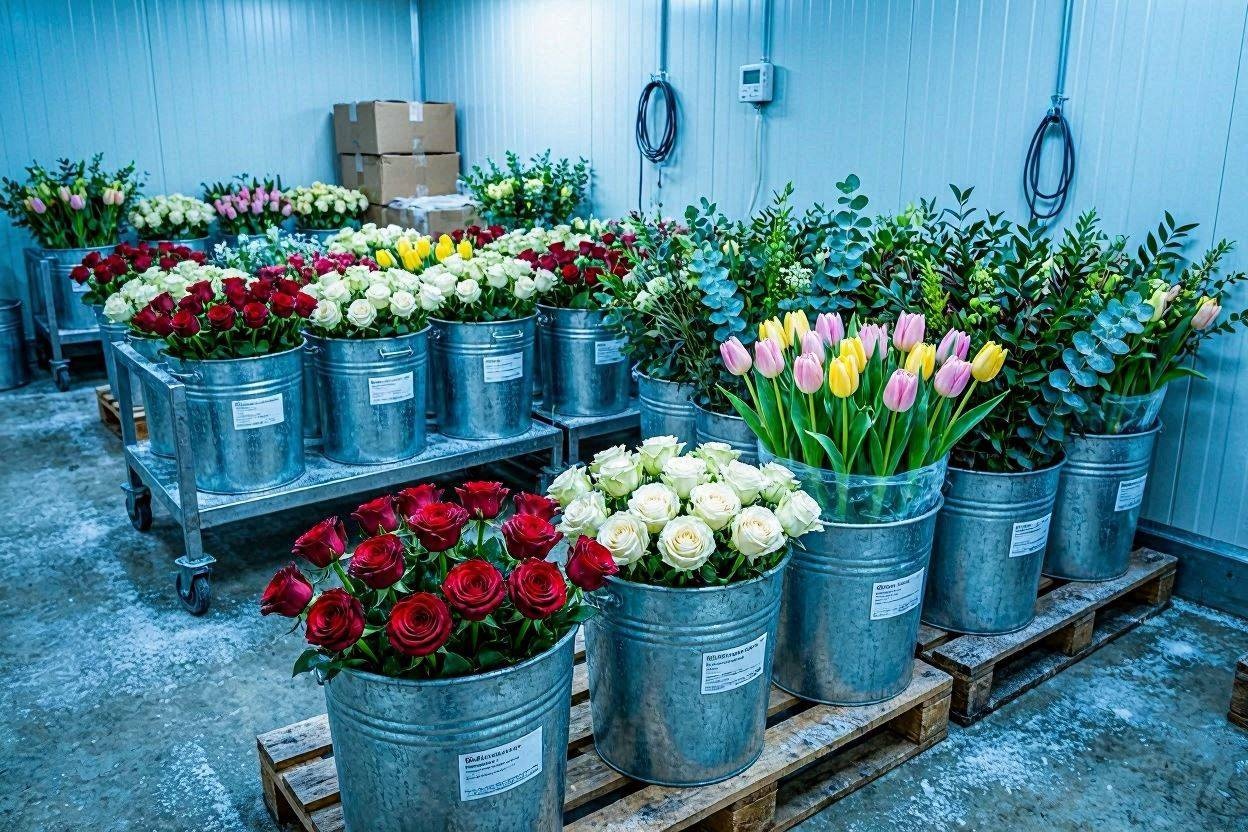 Frische Rosen und Tulpen in Kübeln im Kühllager