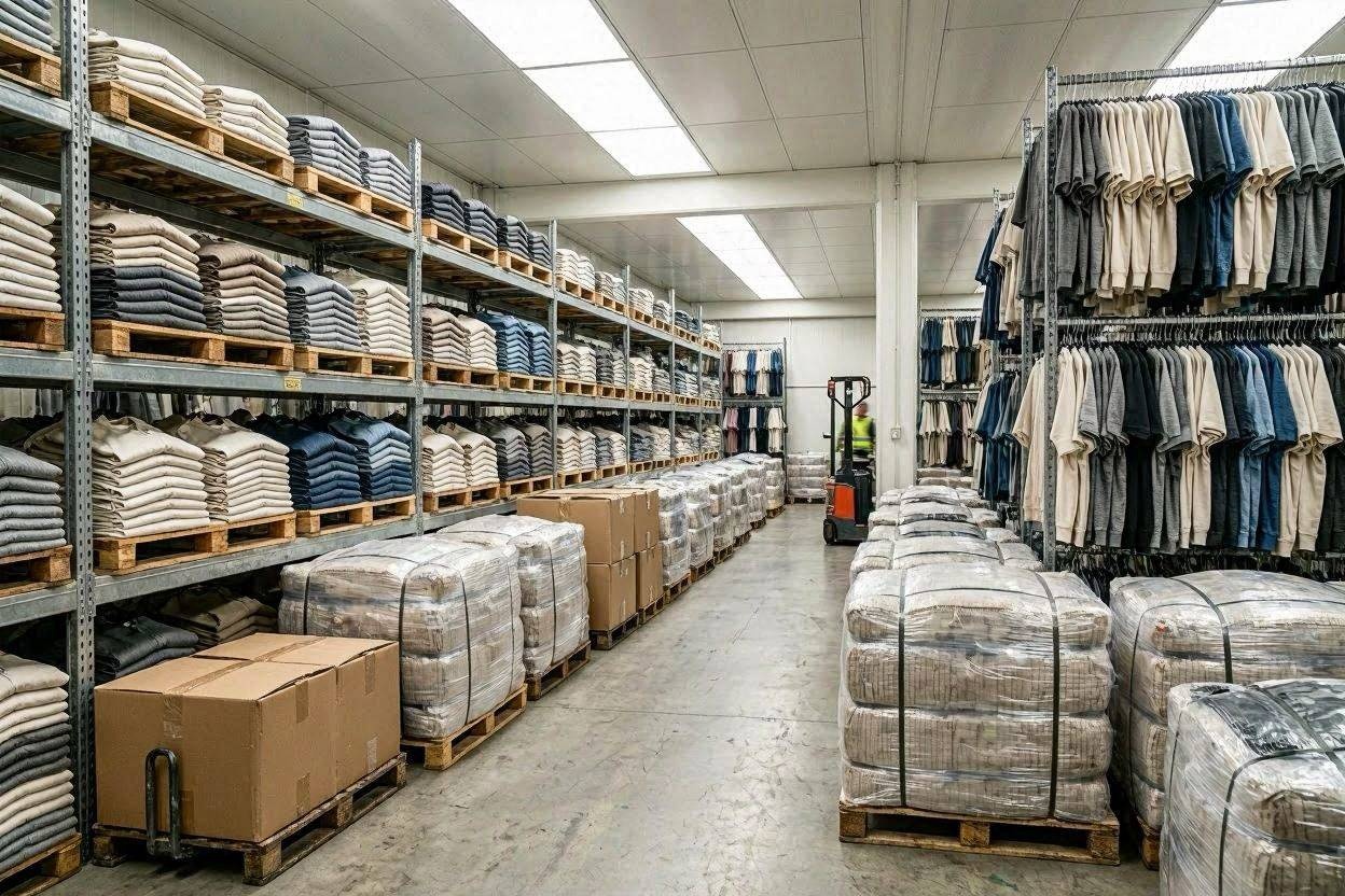 Lagerhalle mit sortierten Textilballen und aufgehängter Bekleidung